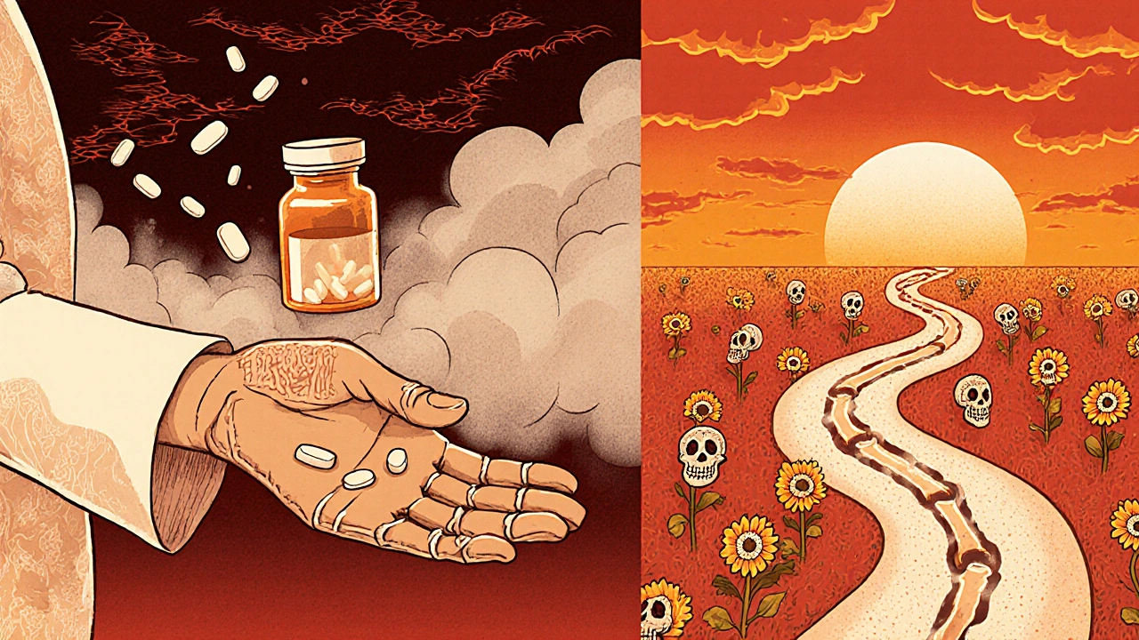 A pharmacist handing a skeletal hand-shaped pill bottle, with slow taper path glowing in marigolds.
