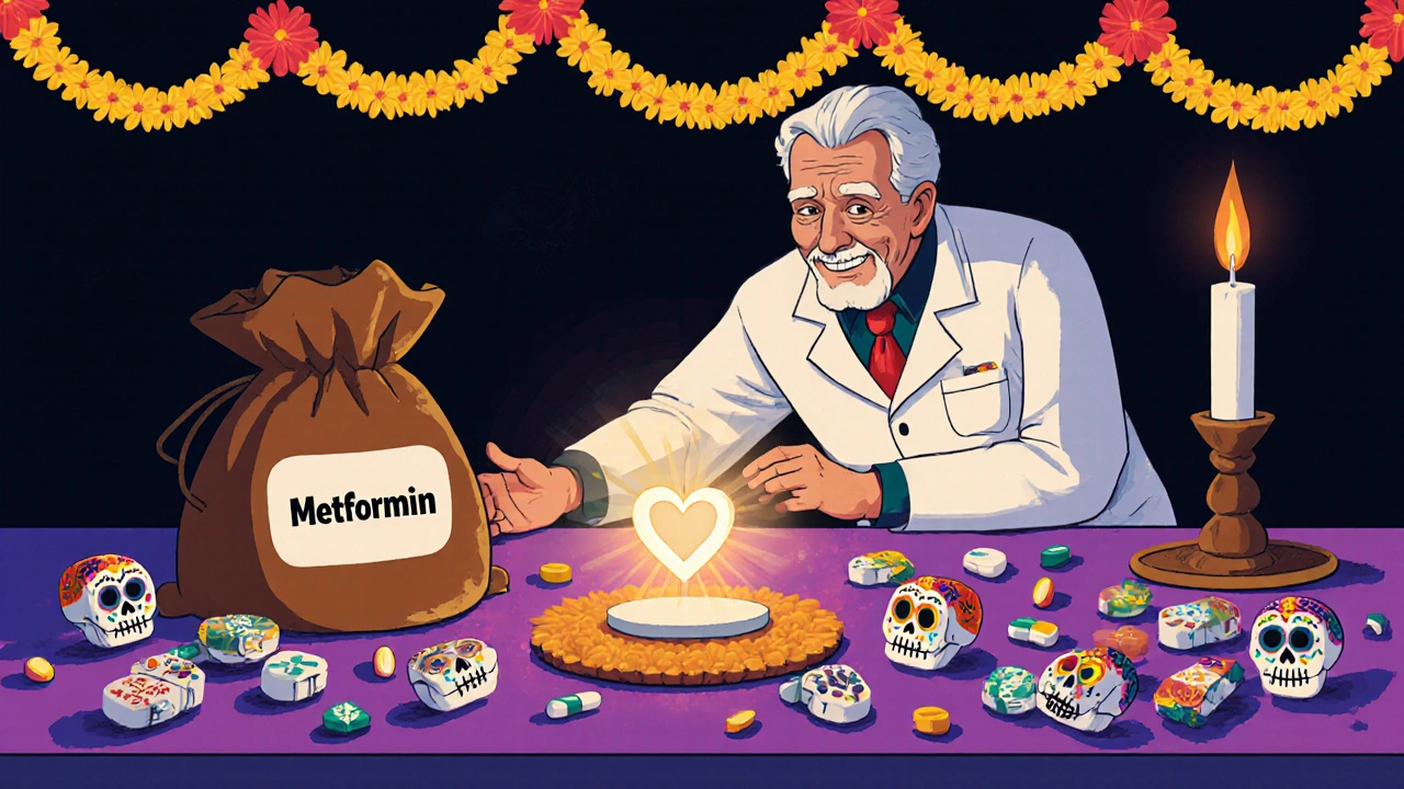 A pharmacist helping an older man sort pills on a table, each pill featuring a calavera face and marigold garlands.