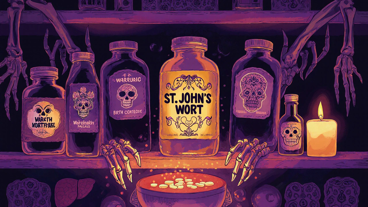 A pharmacy shelf with glowing herbal supplements and prescription bottles, skeletal hands pulling pills into shadowy vortexes.