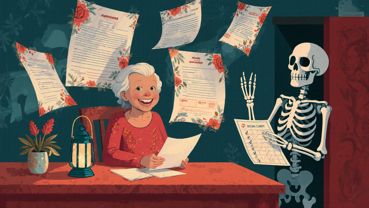 A senior at a table with floating documents decorated in skeletal floral patterns, lit by soft lantern light.