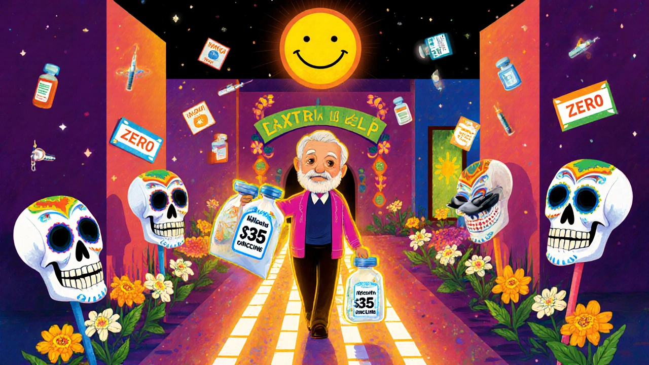 A senior walking down a street of calavera pharmacies, holding insulin vials with  tags, guided by marigold petals.