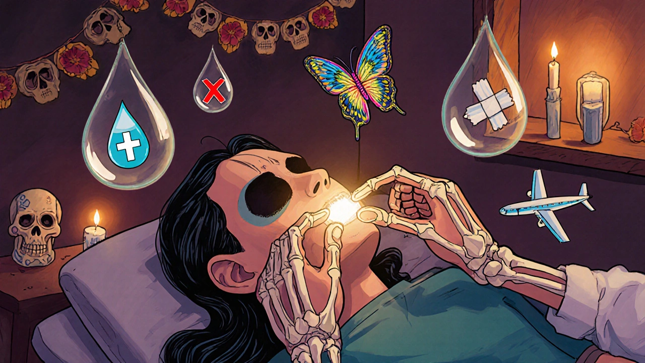 A skeletal doctor places a glowing patch on an eardrum, surrounded by spirit butterflies and Day of the Dead decor.