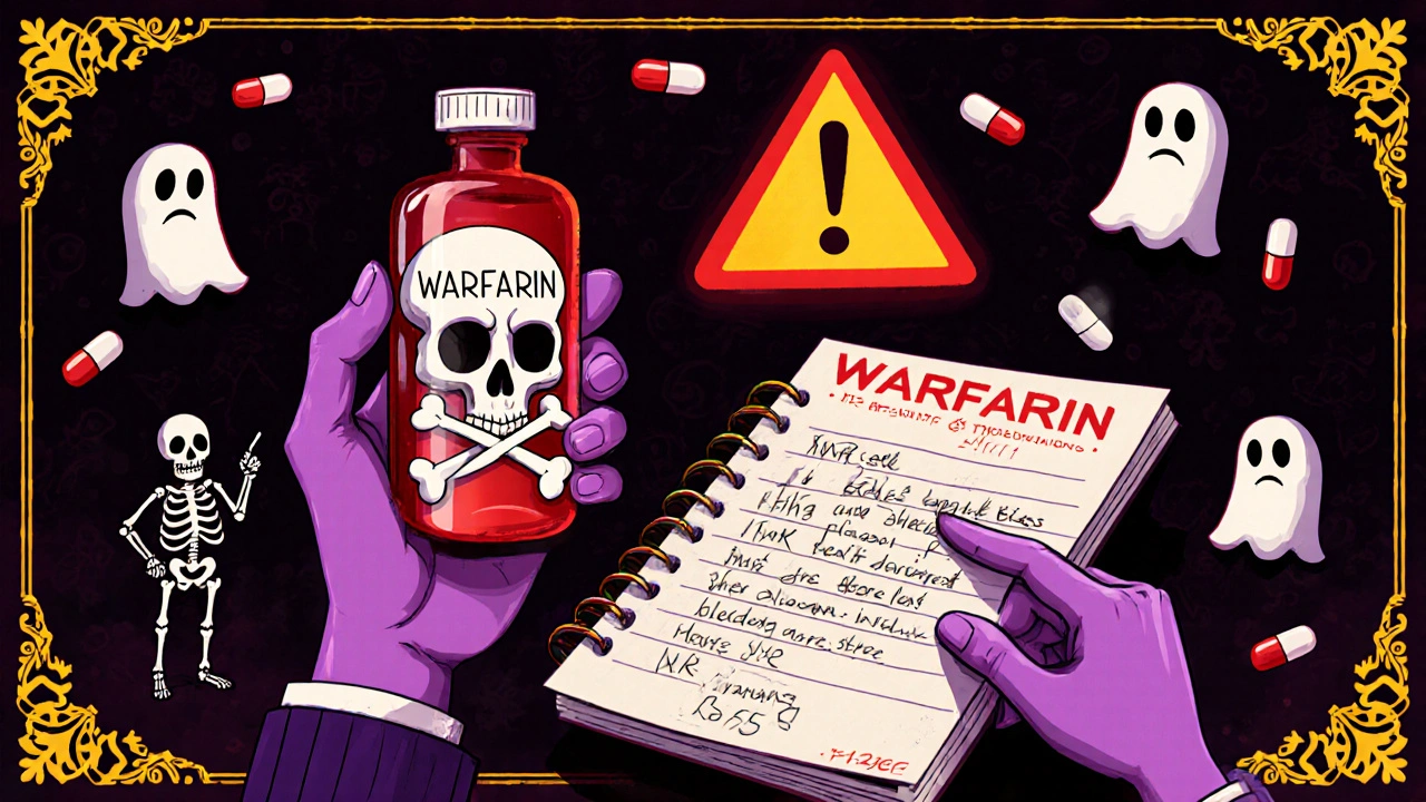 A trembling hand holds a warfarin vial while a skeleton patient points to notes about bleeding signs, with ghostly pills nearby in dark, dramatic tones.