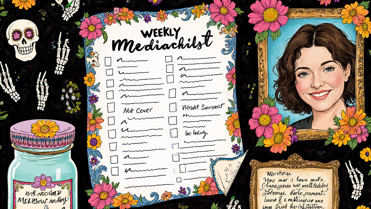 A wall checklist with skeletal hands checking meds, beside labeled as-needed pills and a family photo.