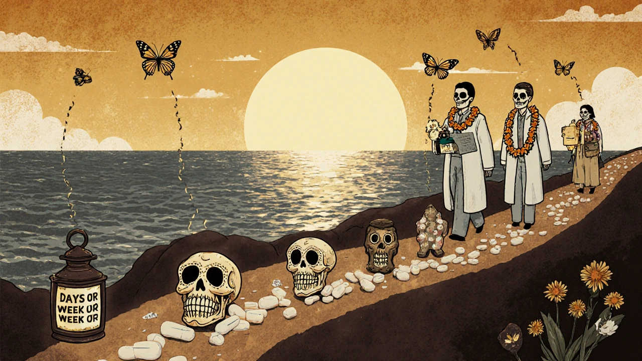 A winding path of pill fragments turning into butterflies, leading to a sunrise, with patients and doctors walking together holding marigolds.