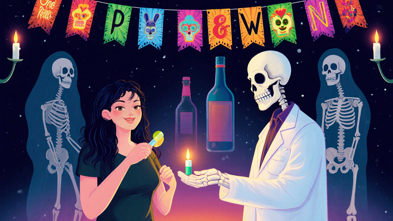 A woman chooses a Secnidazole pill over probiotics, with ghostly reminders of treatment risks behind her.