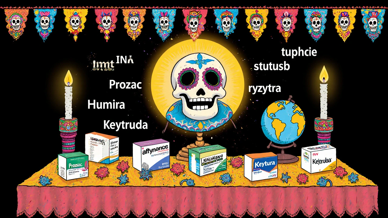 Altar with brand-name drug boxes offered to a USAN Council skeleton, with a glowing INN globe and calavera decorations.