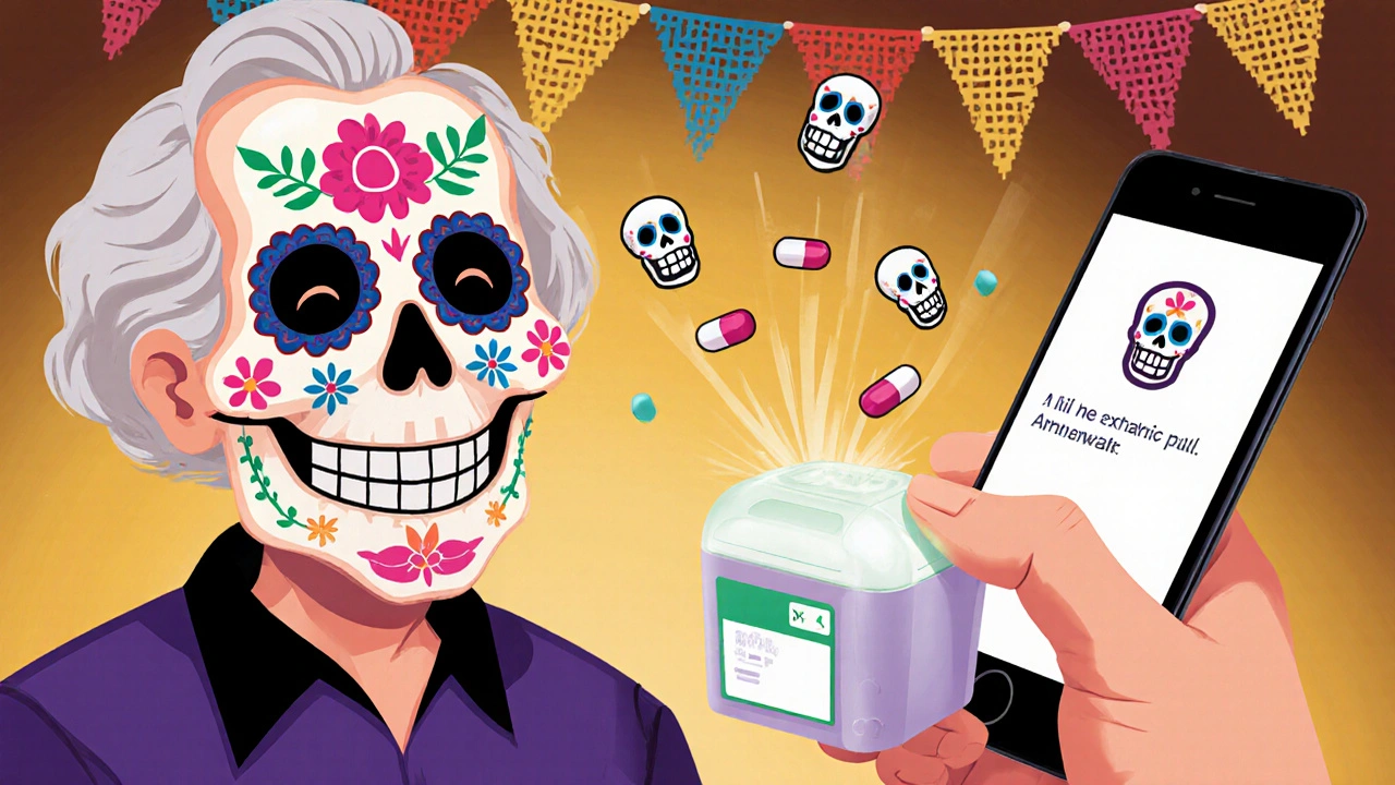 An elderly person using a glowing smart pill dispenser with calavera alerts, guided by a caregiver.