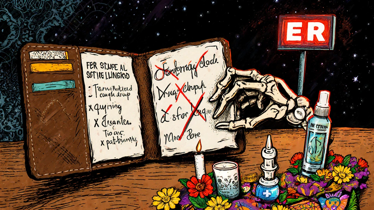 An opened wallet shows a handwritten safe meds list beside a cough drop and saline spray on a small altar with marigolds and a lit candle.