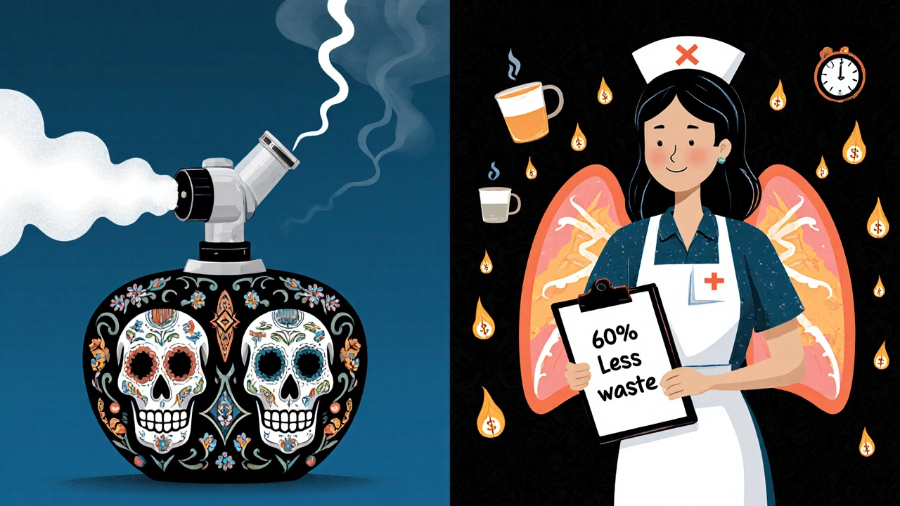 Contrast between wasteful nebulizer mist and efficient inhaler-spacer delivery with nurse and comparison icons.