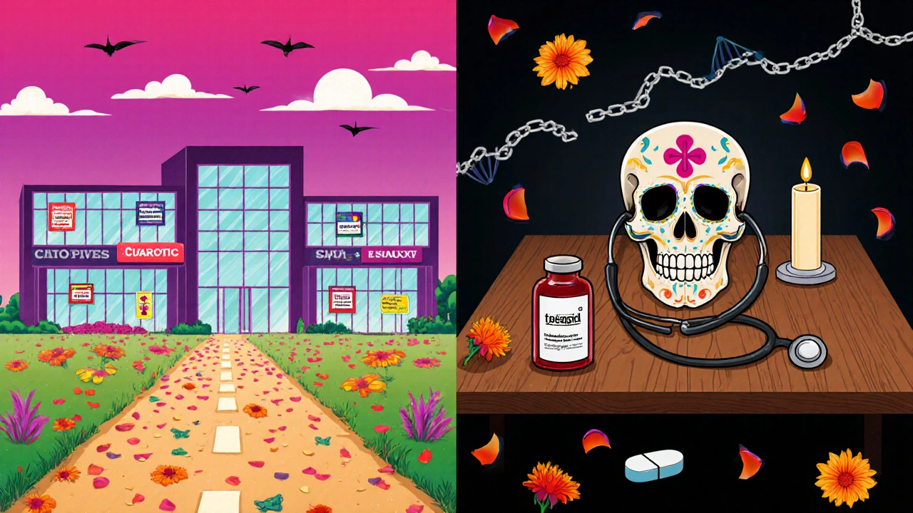 Crossroads scene: modern clinic vs. dim room with ticlopidine tablet, skull with stethoscope, and genetic chain in Day of the Dead style.