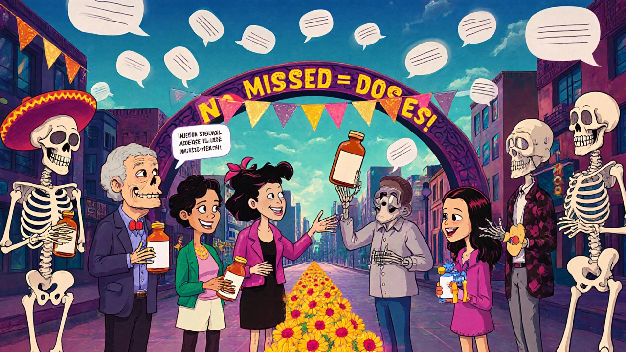 Diverse skeletons in a city plaza receiving personalized medication reminders, connected by glowing text messages and marigold paths.