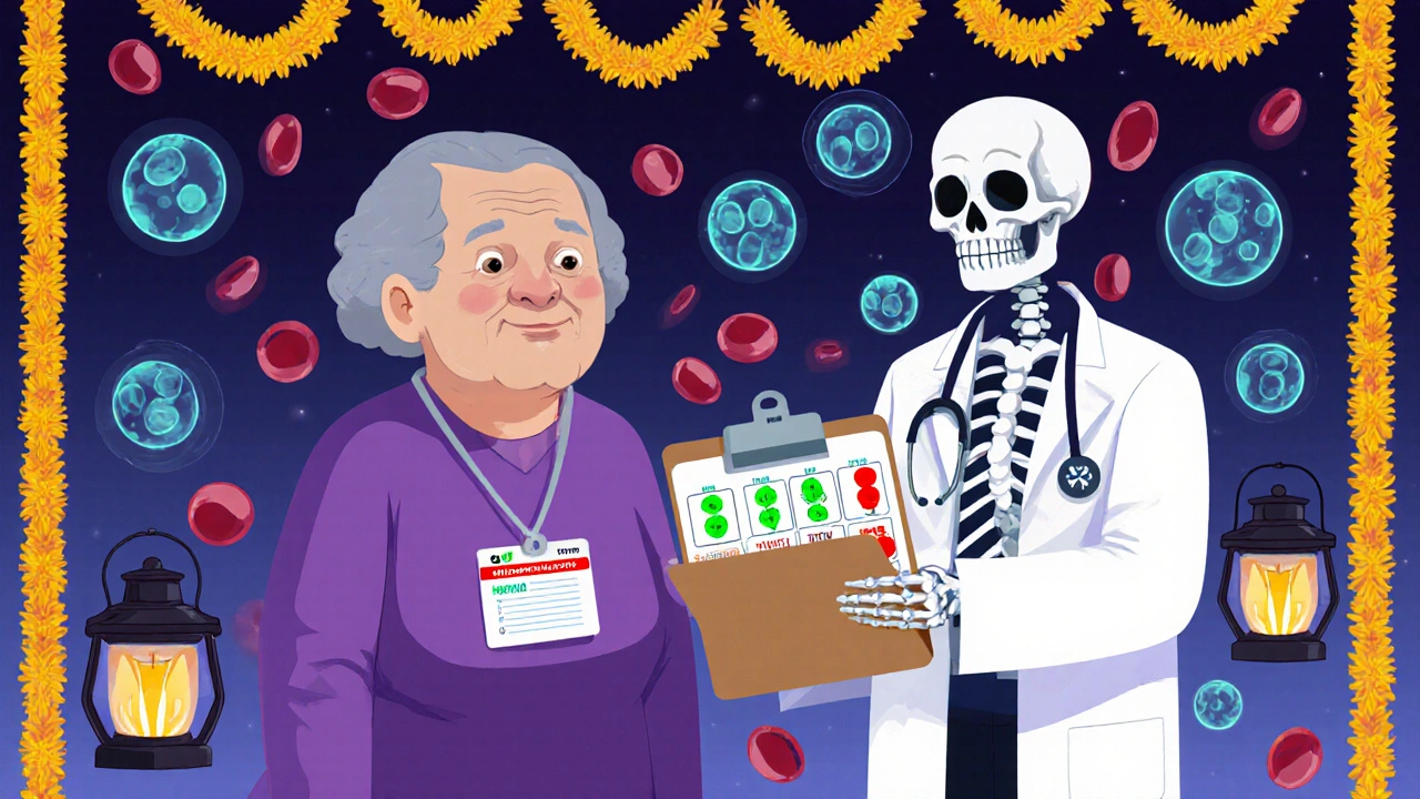 Elderly patient with medical alert card, surrounded by floating blood cells and a doctor holding a blood test chart in Day of the Dead style.