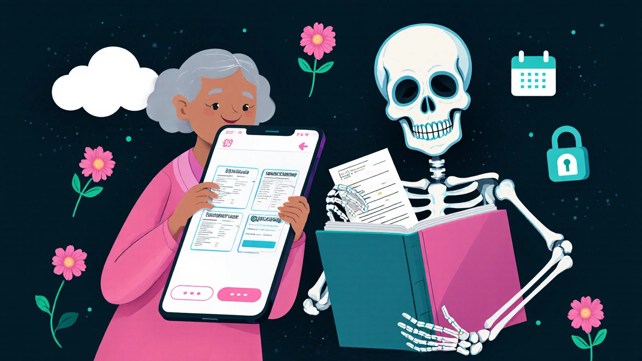 Elderly woman using a medication app as a skeletal figure helps her archive labels, surrounded by digital and traditional symbols.