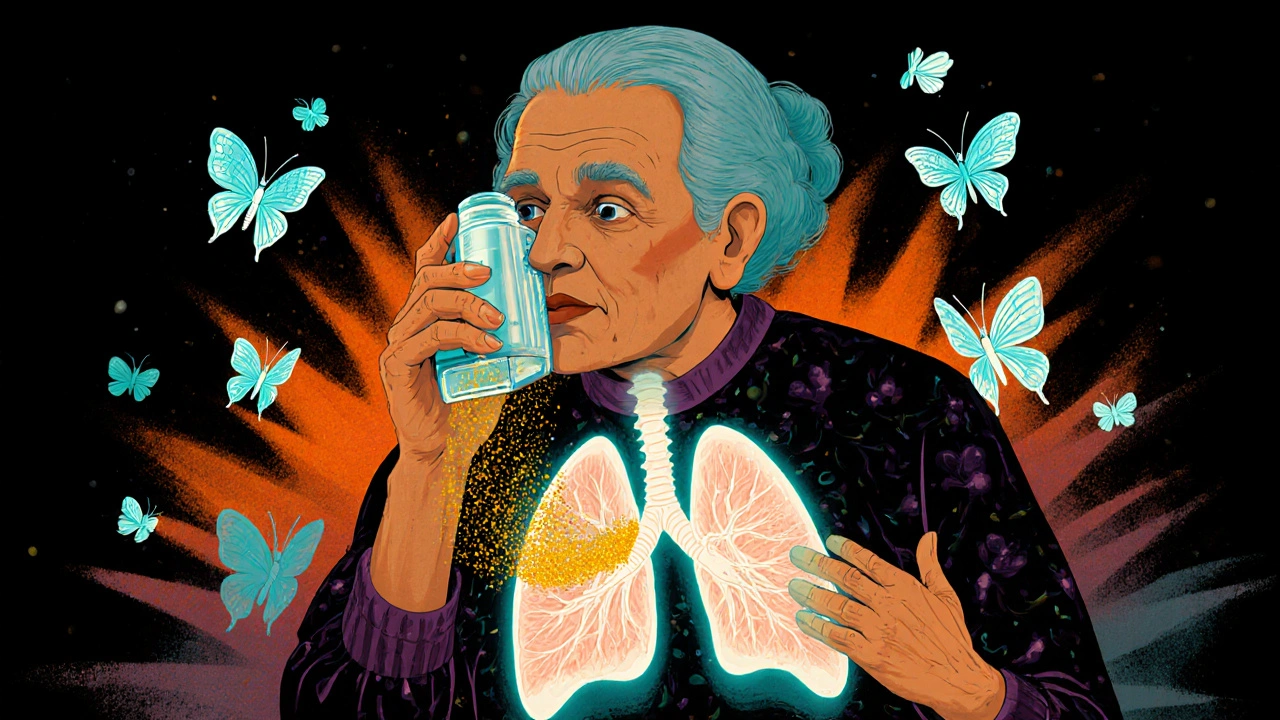 Elderly woman using an alebrije-shaped spacer, golden medicine particles flowing into glowing lungs.