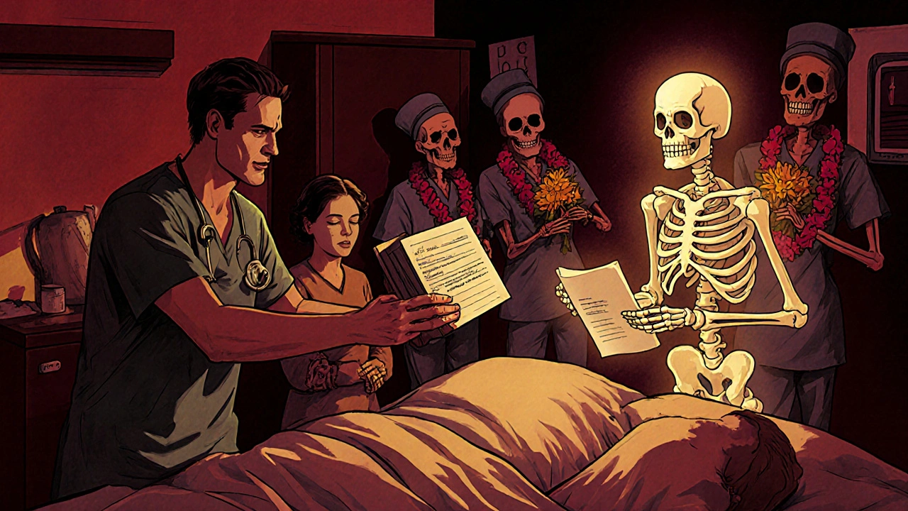 ER scene with a doctor receiving a glowing prescription from a skeleton pharmacist, family watching in relief, marigolds floating in the air.