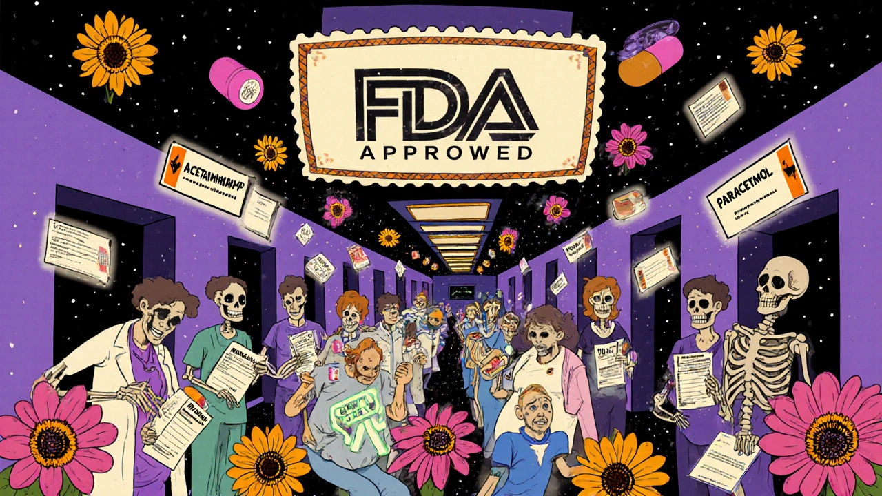 Hospital hallway with patients holding mismatched drug names, skeletal staff aligning them with glowing stems and marigold-shaped safety symbols.