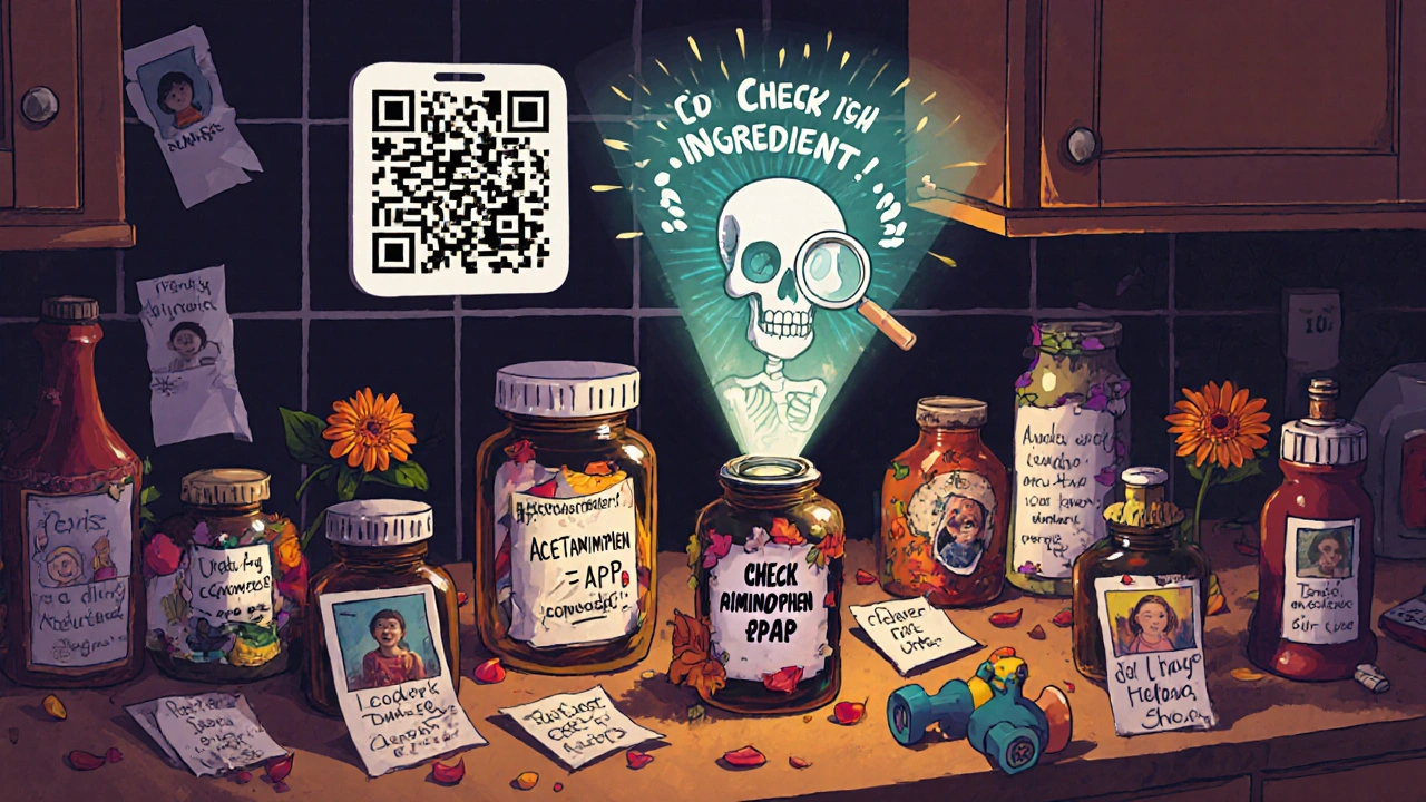 Kitchen counter turned into a Day of the Dead altar with medicine bottles as offerings, glowing QR code revealing active ingredient warning.
