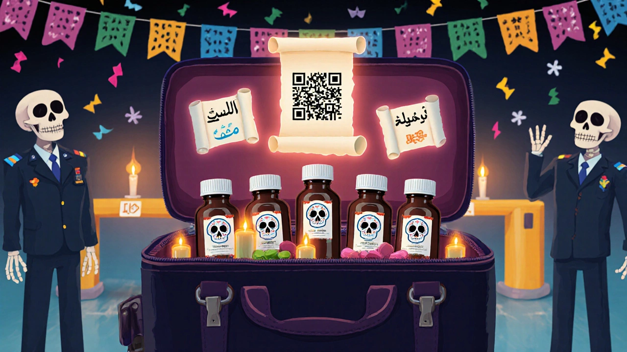 Open carry-on with labeled prescription bottles arranged like altar offerings, floating translations and a sugar skull QR code.