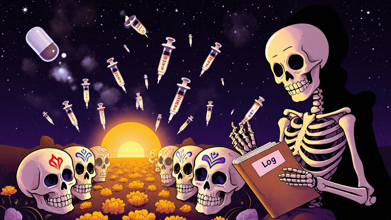 Person lowering insulin syringes as steroid pill dissolves, sugar skulls and marigolds in twilight glow.