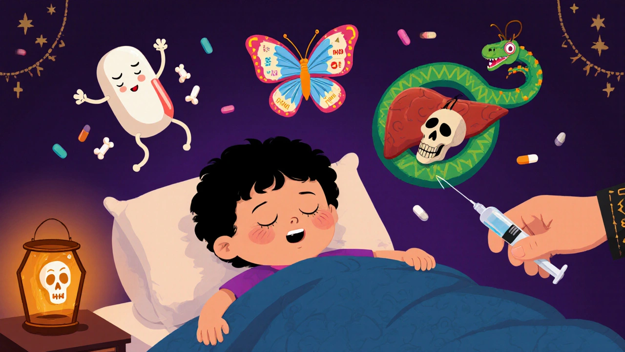 Sleeping child surrounded by animated medicine symbols shaped like sugar skulls and butterflies, with a parent hesitating to give more medicine.