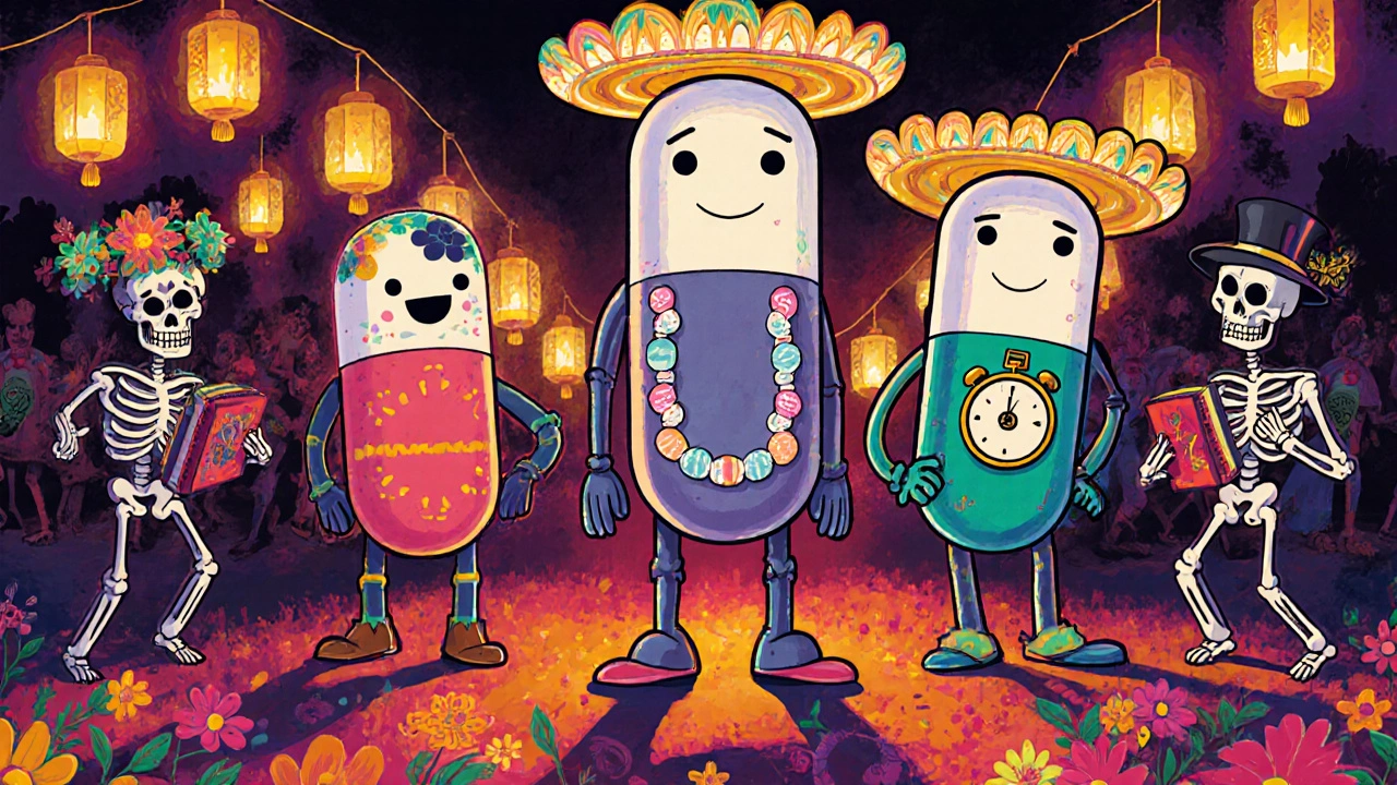 Three personified pills in a Day of the Dead parade, each with unique traits and traditional embroidery.