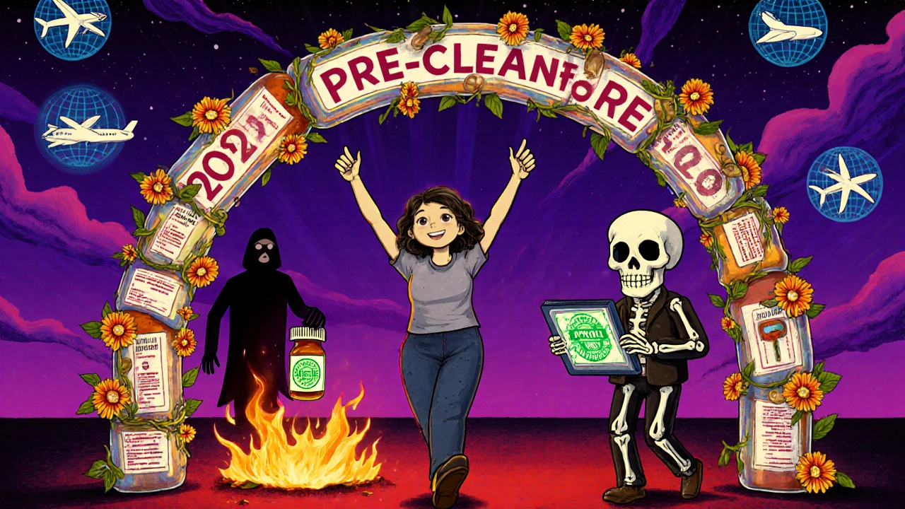 Traveler walks through a marigold archway toward approval, while a shadowy figure discards unmarked pills into fire.