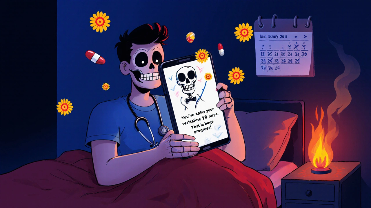 Young man receiving a motivational text reminder from a skeletal health figure, with missed pills turning into marigolds around him.