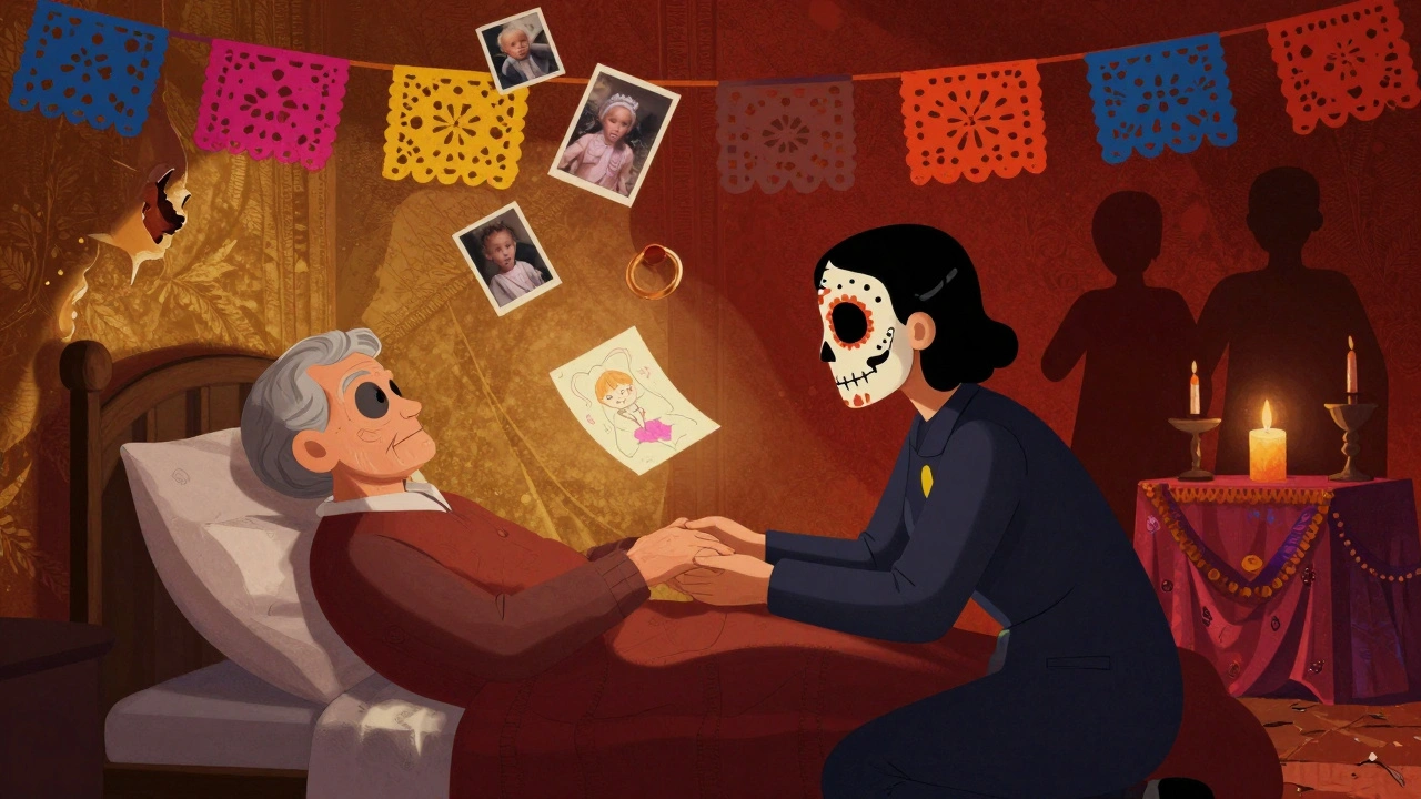 A caregiver holds the hand of a bedbound loved one as floating memories rise like papel picado banners.