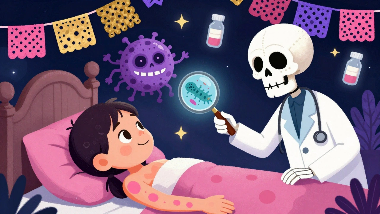 A child with a rash lies in bed as a skeleton doctor shows harmless bacteria versus a menacing C. diff monster under a magnifying glass.
