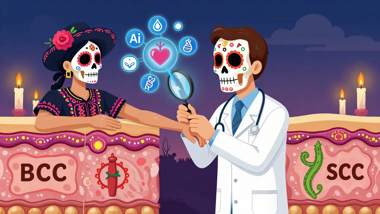 A dermatologist examining skin under a calavera magnifying glass, with AI and immunotherapy symbols floating above.