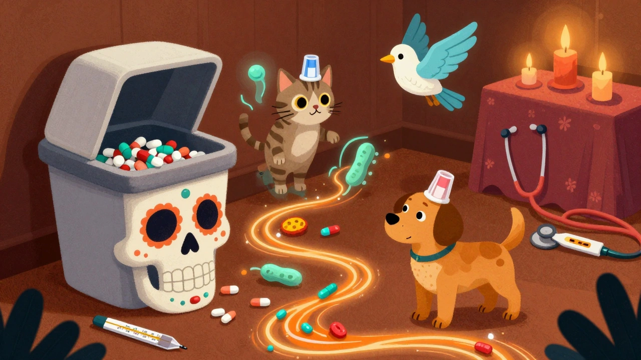A family drops unused antibiotics into a sugar skull bin, with spirit animals wearing antibiotic caps and glowing gut bacteria beneath.