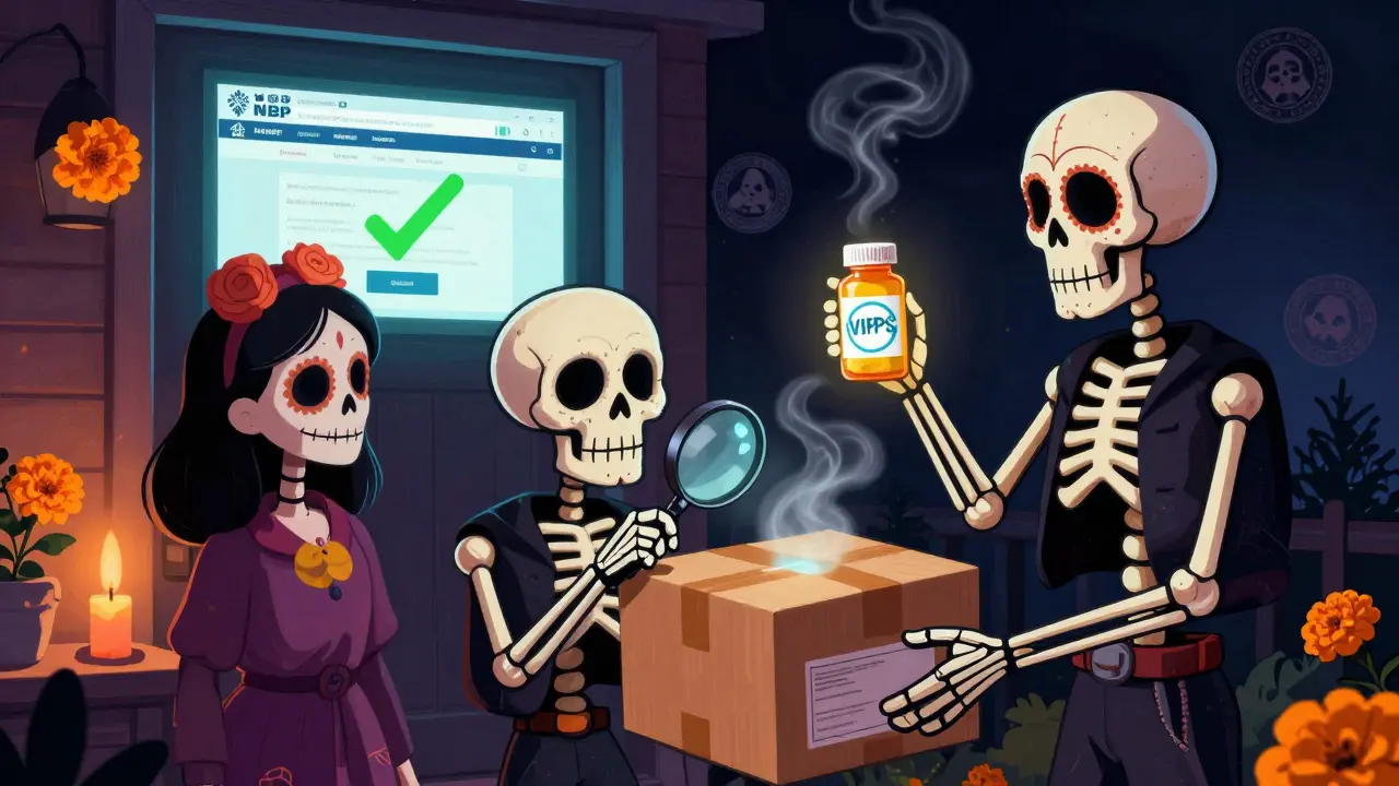 A family receives a delivery box; one skeleton checks for a VIPPS seal while fake websites vanish in smoke, all lit by warm candlelight.