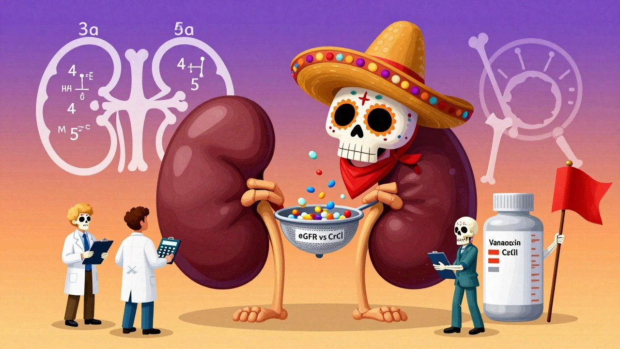 A giant kidney filters medication with conflicting labels &#039;eGFR&#039; and &#039;CrCl&#039;, while doctors debate dosing using calavera-themed tools.