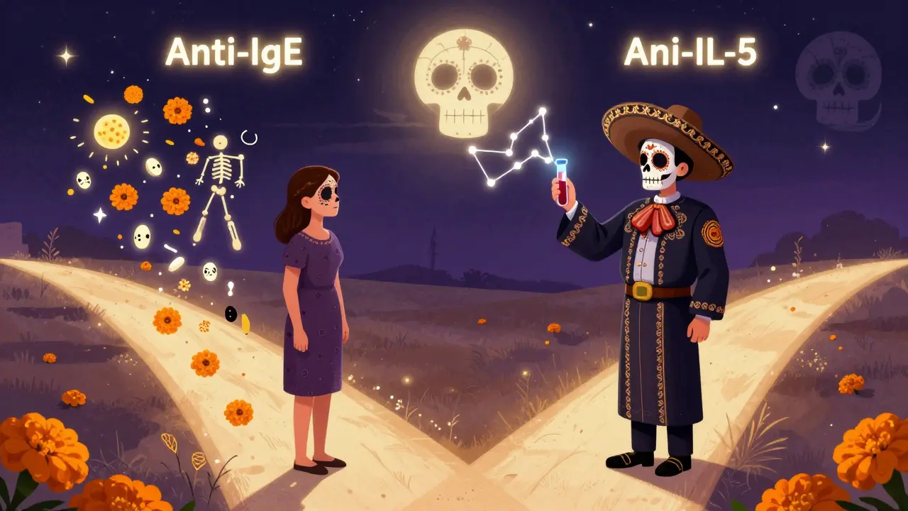 A patient at a crossroads between Anti-IgE and Anti-IL-5 pathways, a healer holding a glowing blood test vial projecting biomarker constellations.