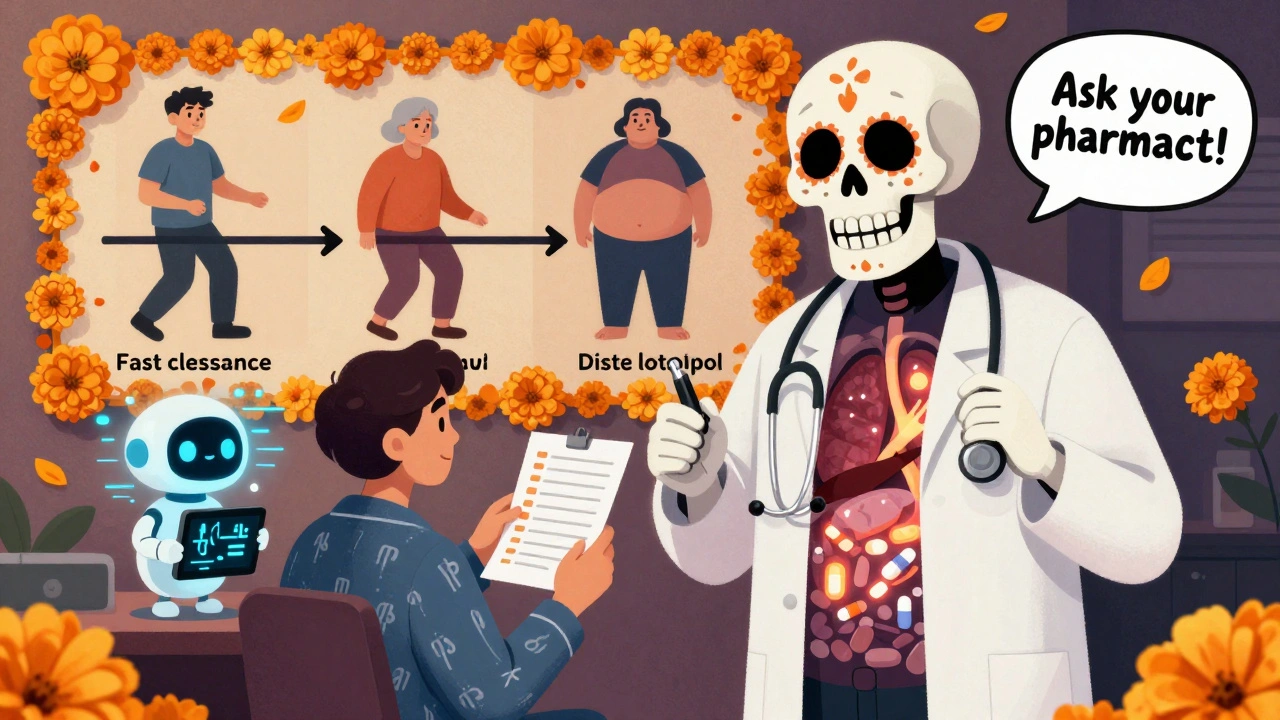 A patient consults a skull doctor who reveals drug levels in their body, with timelines showing how age and weight affect medication processing.
