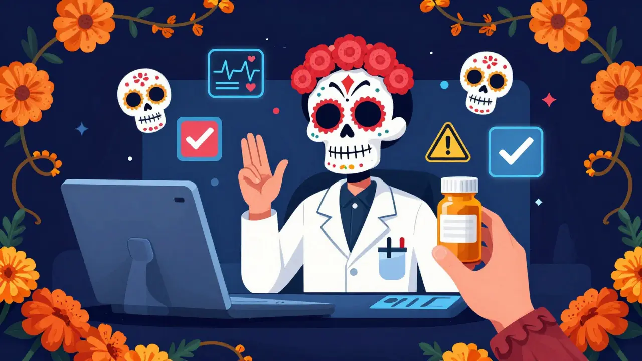 A patient holds up a pill bottle during a virtual consult with a skeletal pharmacist on a floating tablet, surrounded by digital health icons.