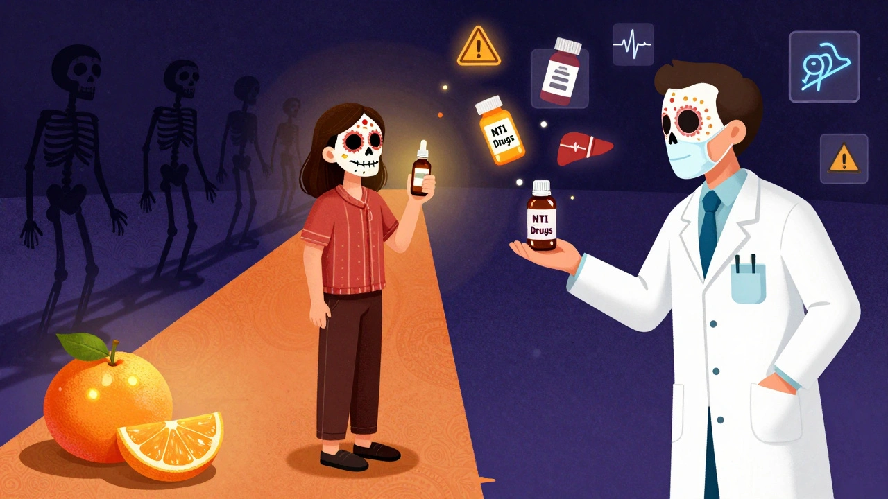 A person choosing between paths of grapefruit warnings and dangerous pills, guided by a pharmacist skull in Day of the Dead aesthetic.