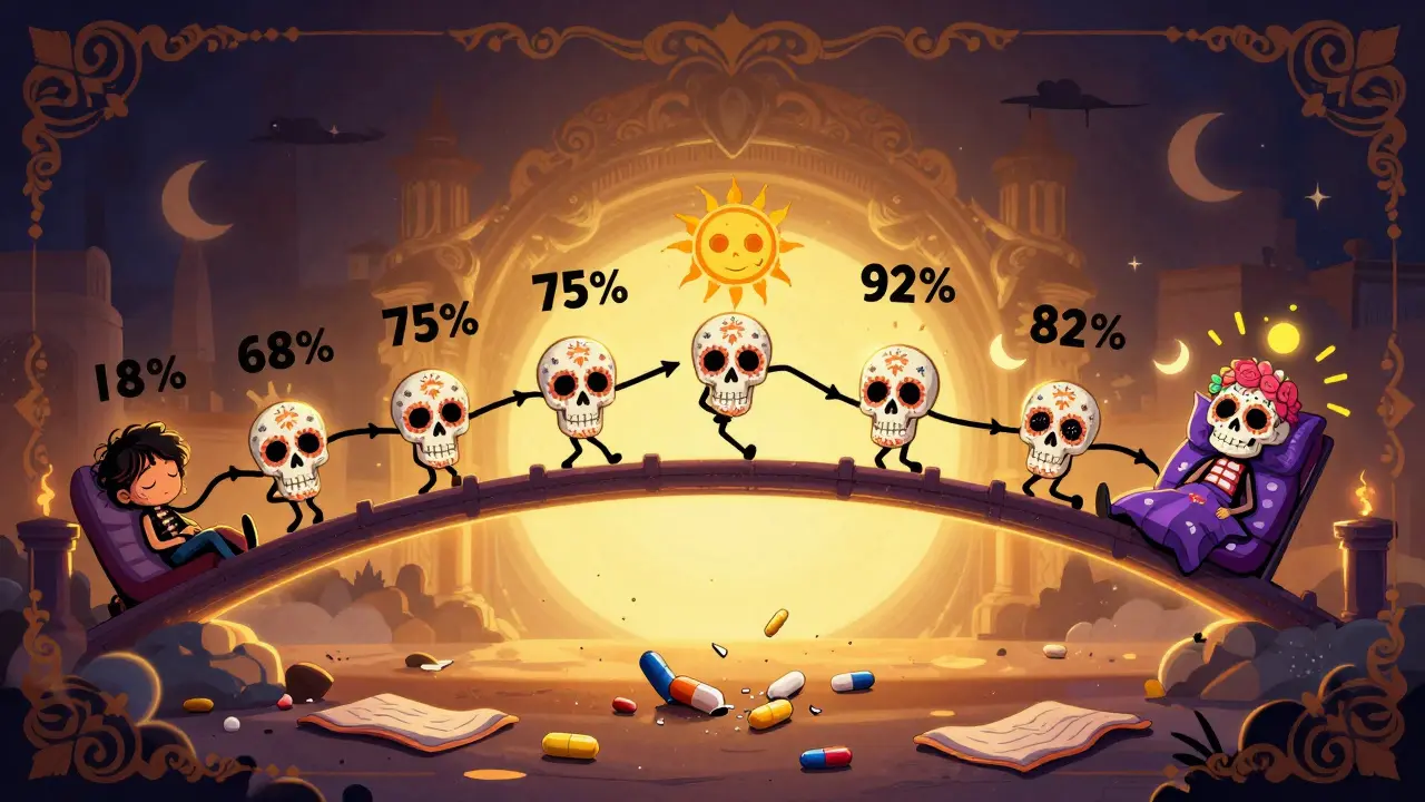 A person crosses a glowing bridge from exhaustion to rest, with sugar skulls marking sleep progress, broken pills crumbling below.