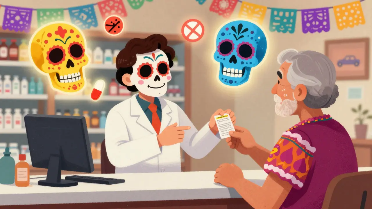 A pharmacist in traditional dress explains warning labels to an elderly patient, with skeletal icons floating above in alebrije patterns.