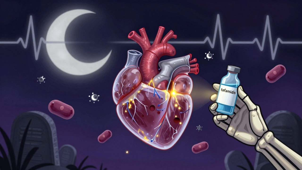 A rigid heart encased in glowing amyloid proteins, with iron and fat molecules drifting around it.