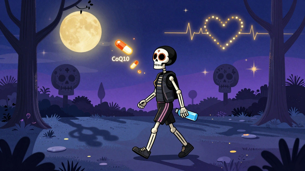 A skeletal figure walking peacefully in a park at night with glowing exercise and medication icons above, under a starry sky.