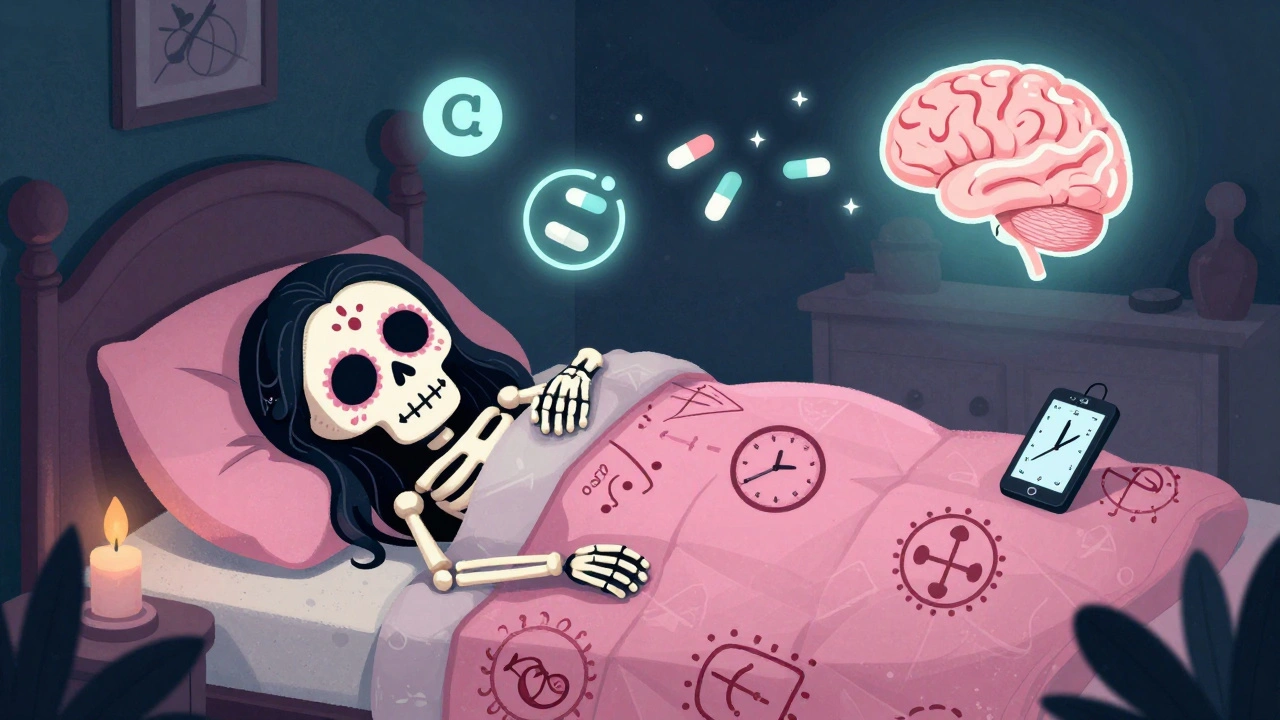 A skeleton sleeping soundly in a cool, dark room with sleep symbols and medication icons fading gently above the bed.