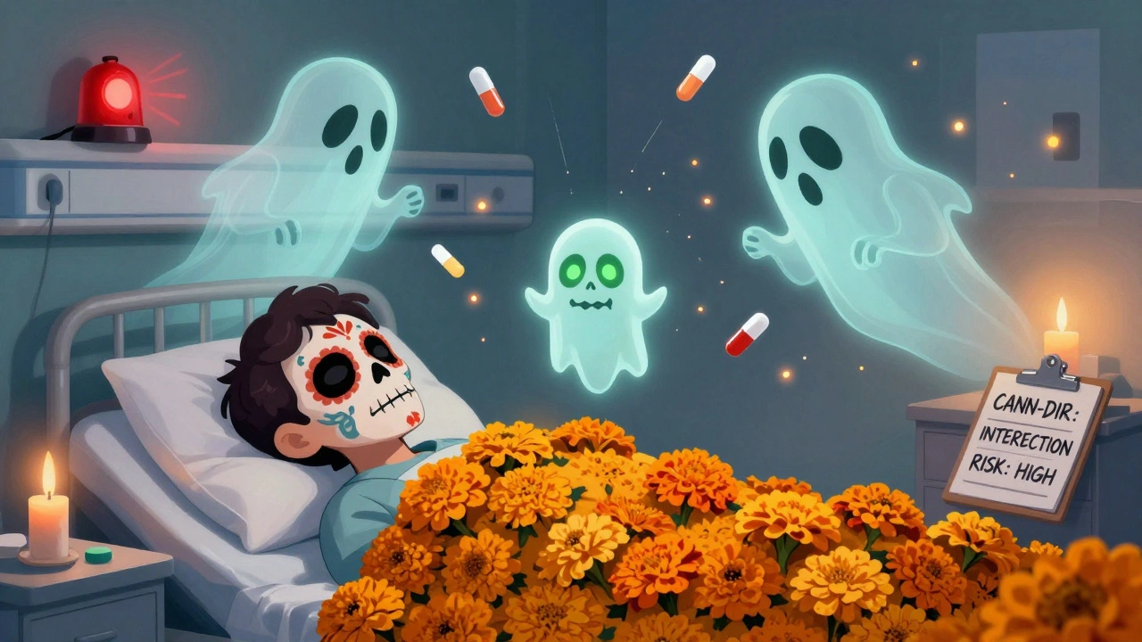 A sleeping patient with ghostly medications and a CBD spirit in conflict above, warning siren glowing, in Day of the Dead hospital scene.