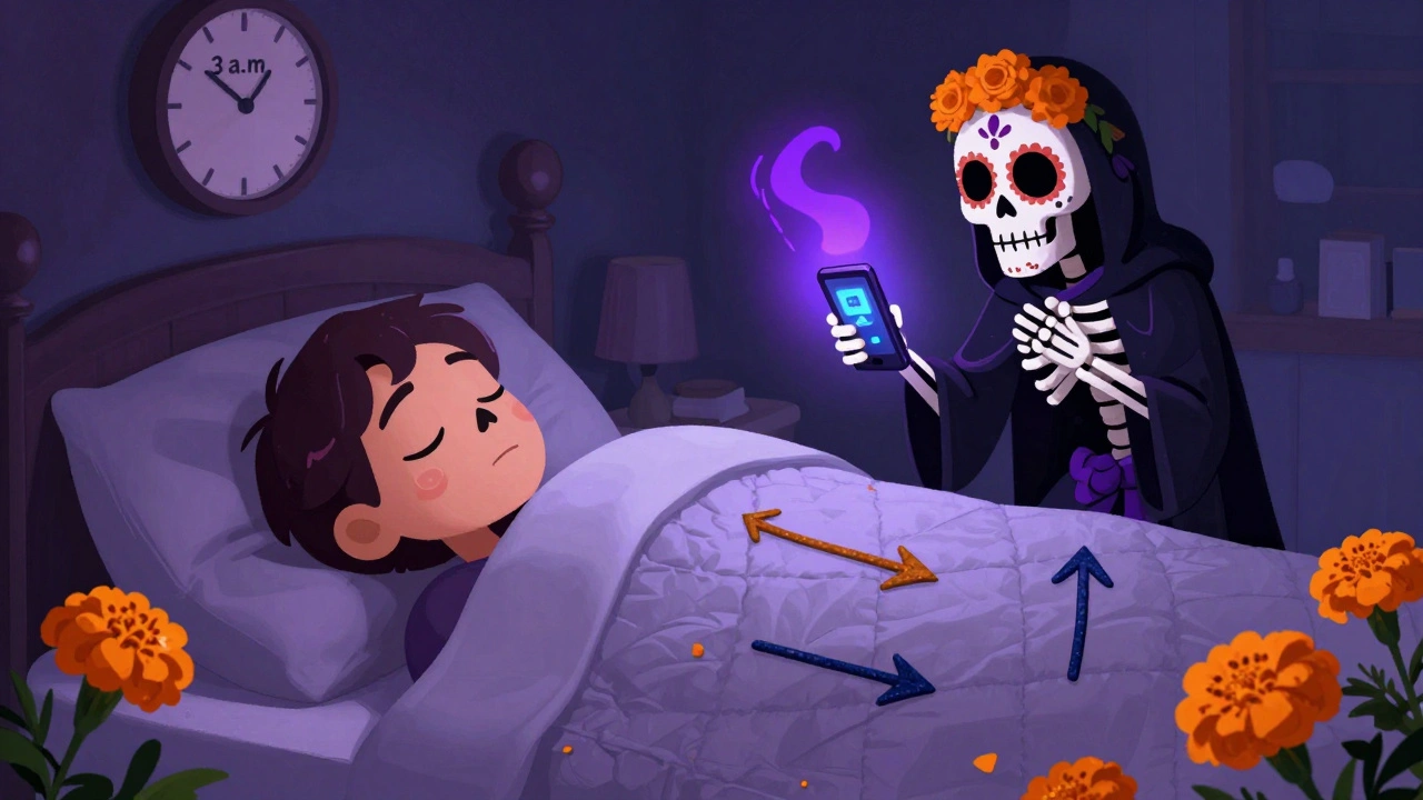 A sleeping person is watched over by a glowing skeleton guardian with a smartphone, showing overnight glucose alerts and floating trend arrows.