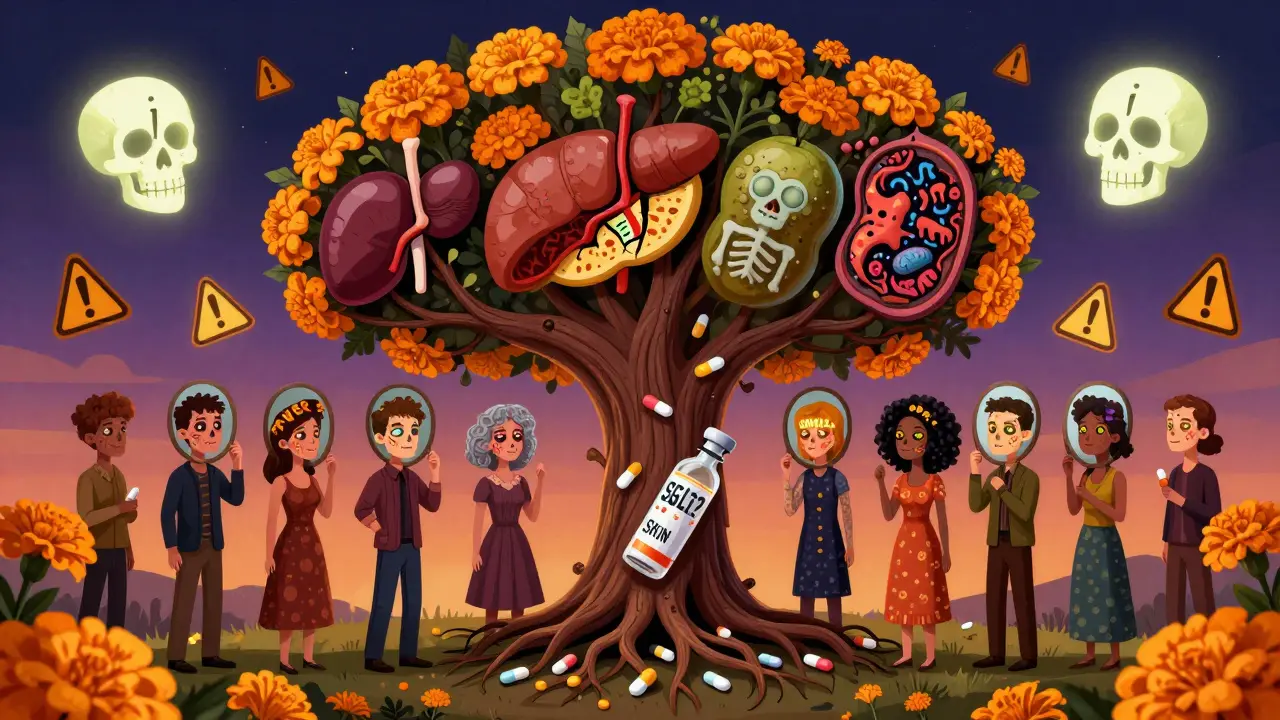 A symbolic tree with insulin and diabetes drug roots, bearing rotting organs, surrounded by people seeing warning signs on their skin.