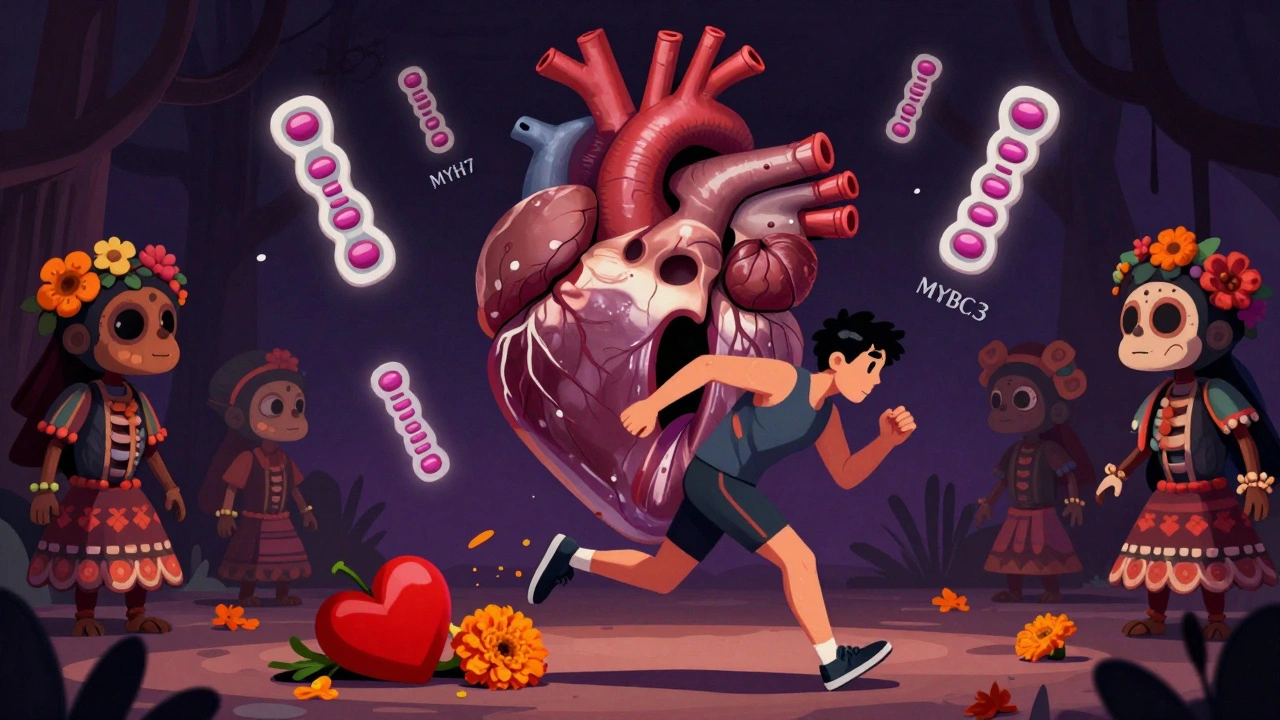 A thickened heart shaped like a skull mask, with a runner frozen nearby and gene icons in the air.