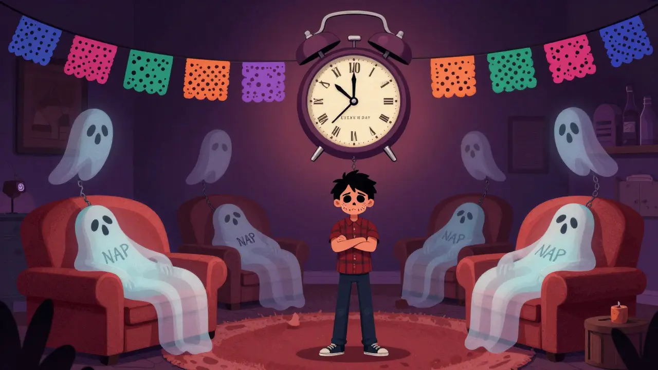 A tired person stands awake at dawn, surrounded by ghostly naps, with a giant alarm clock reading '6:00 AM EVERY DAY'.