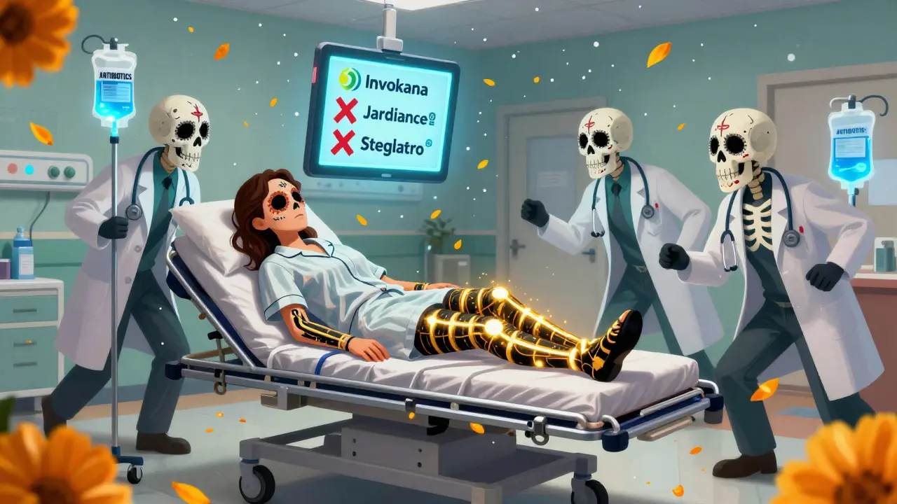 A woman being rushed to emergency care with skeletal bandages and glowing antibiotic IVs, while diabetes drug logos fade with Xs.