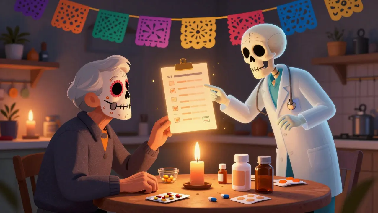 An elderly person sits with medicine bottles as a ghostly skeleton pharmacist points to a glowing checklist in a warm kitchen scene.